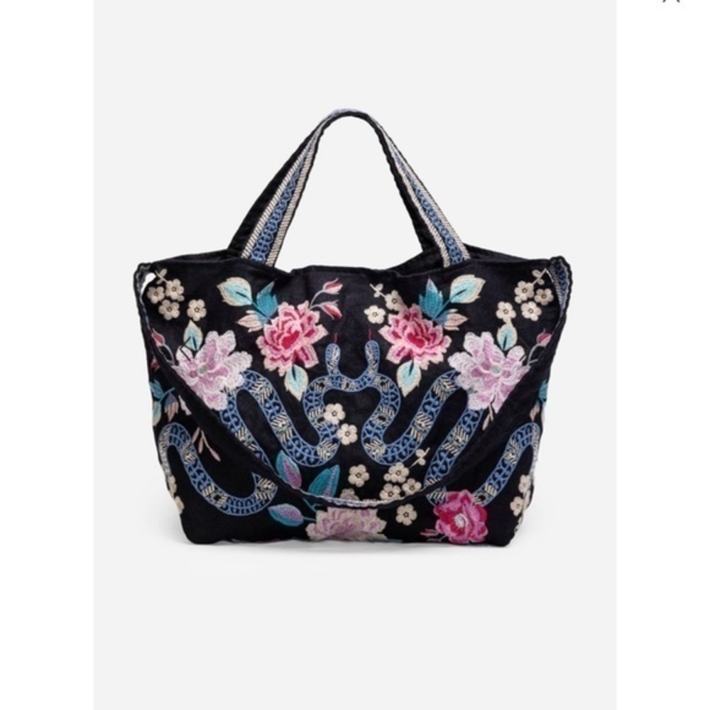 Johnny Was Black EDIE LINEN TOTE BAG NWT  Floral Embroidered Black Tote Bag